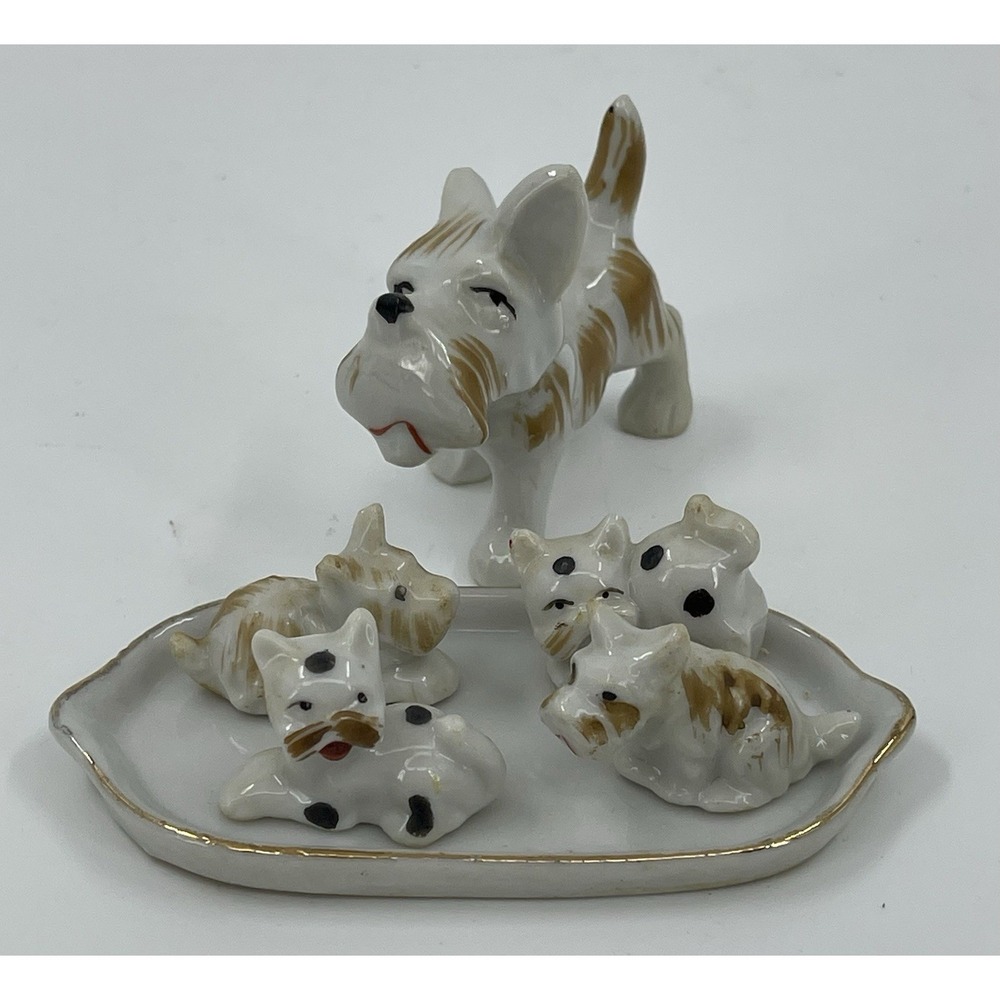 Terrier Small Dog w Puppies White Brown Occupied Japan Porcelain Figurines HTF